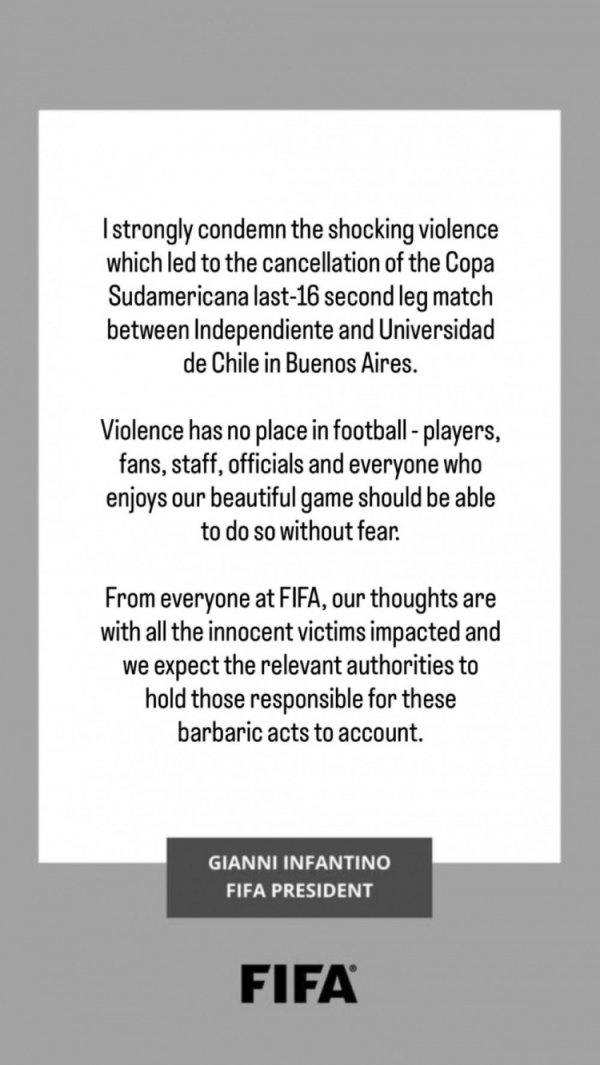 因凡蒂诺社媒：强烈责骂南好意思杯暴力四肢，但愿当局讲究施暴者拖累