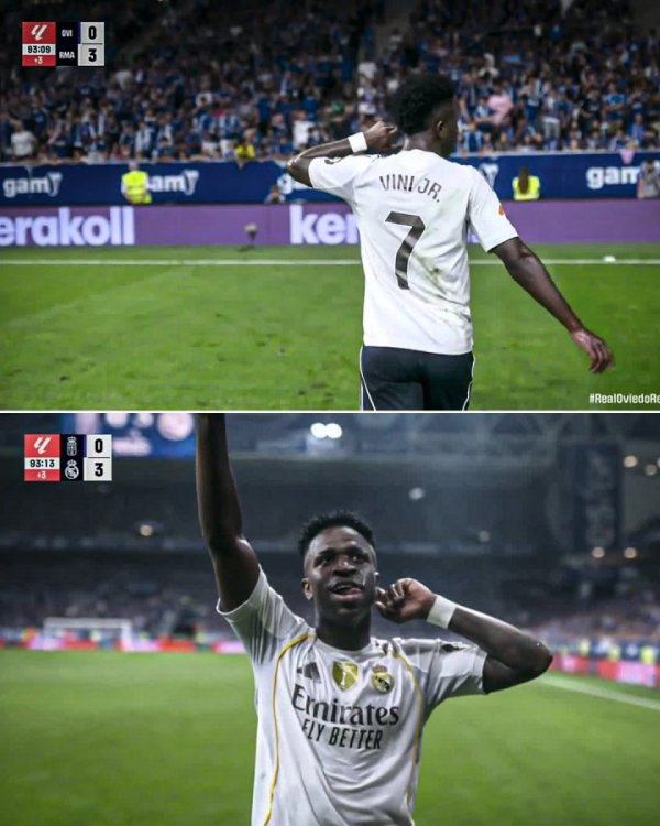 遭皇家奥维耶多球迷狂嘘！维尼修斯进球后指耳朵+指看台反抗☝️