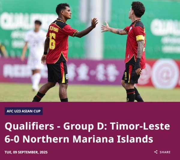U23亚洲杯预选赛：东帝汶6-0大捷北马里亚纳 其成年队天下名次195