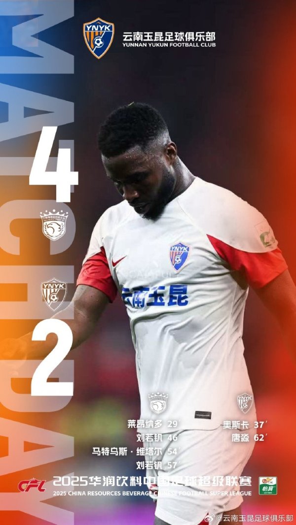 中超联赛第24轮，客场作战的云南玉昆最终以2比4不脑怒手