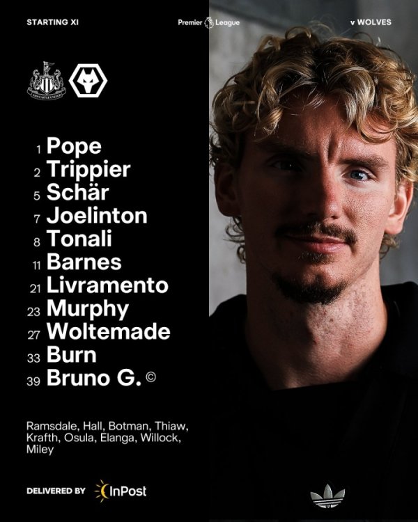 沃尔特马德首秀！纽卡vs狼队首发：托纳利、吉马良斯、黄喜灿先发