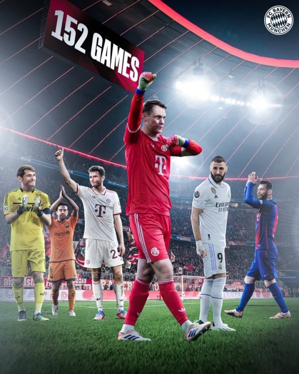 数据错了？拜仁祝愿诺伊尔欧冠152场历史名轮番六，但海报上无C罗