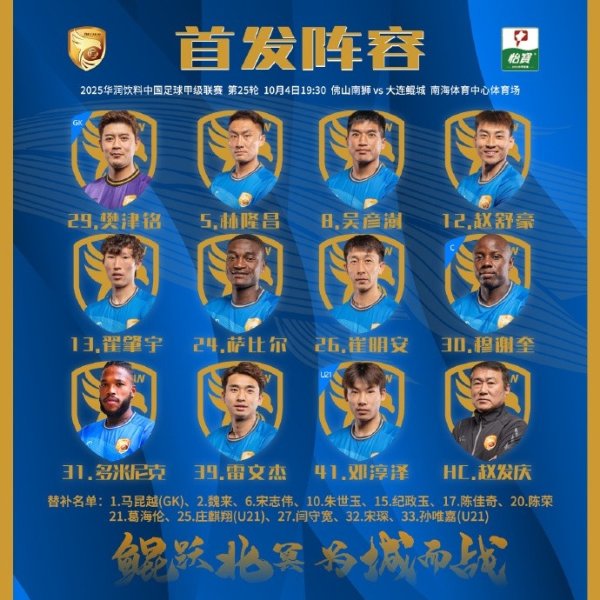 2025中甲联赛第25轮，大连鲲城客战佛山南狮首发出炉！ ​​​