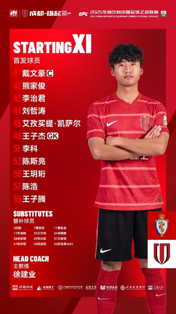 海门珂缔缘vs成齐蓉城B队 比赛首发名单出炉！蓉城后生军，雄起！