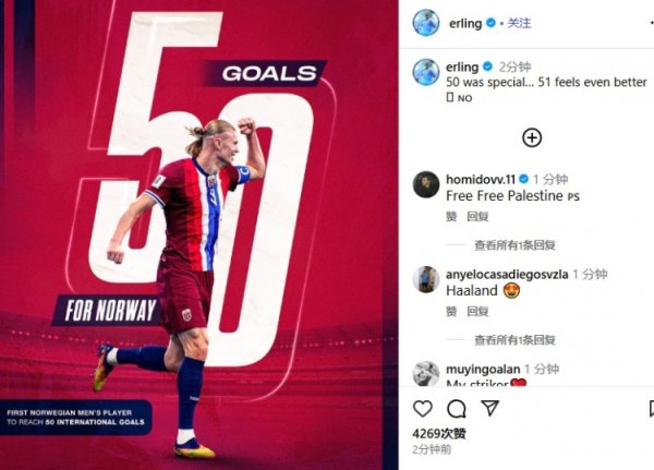 国度队46场50球！哈兰德：第50球很相配，但第51球的嗅觉会更好