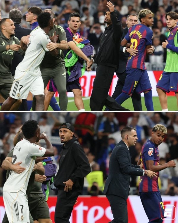 齐是队友...国度德比窒碍，拉菲尼亚入场帮亚马尔向维尼修斯露面