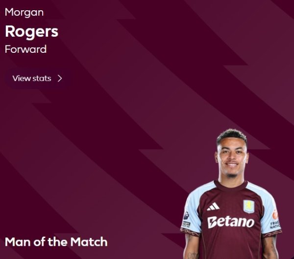 双响+恣意球制胜，摩根·罗杰斯当选维拉2-1利兹联全场最好球员